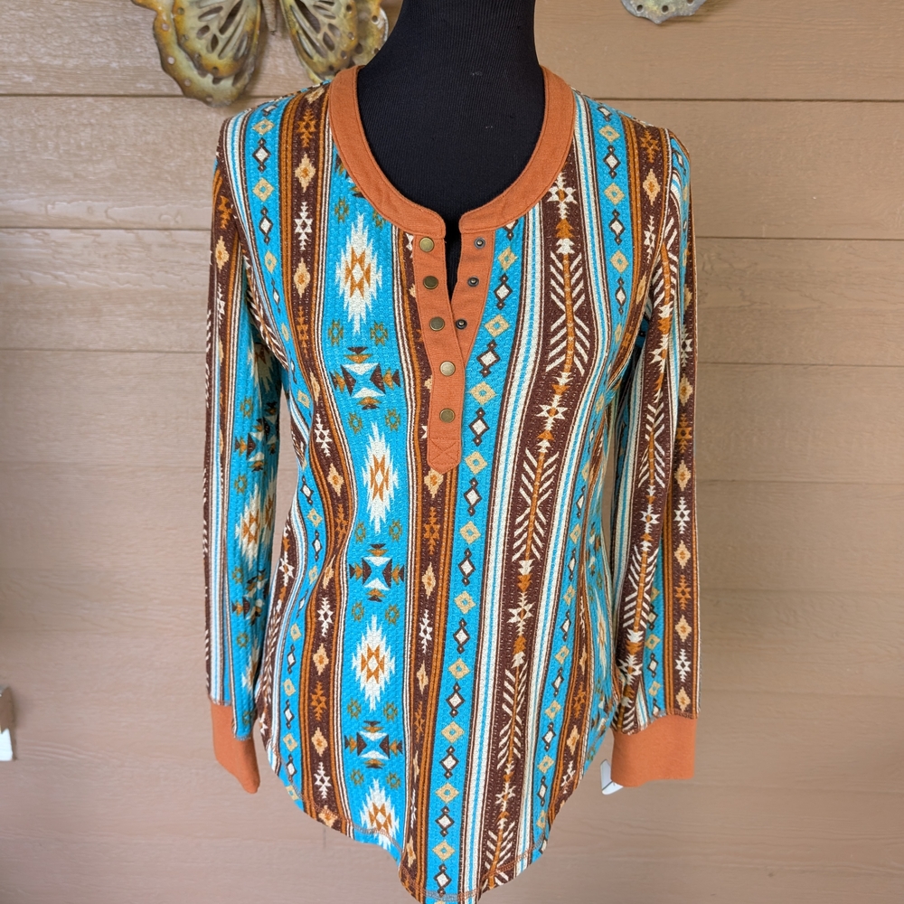 Bohemian Button Down Waffle Knit Shirt in Blue and Brown Weatern Motif